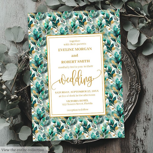 Whimsique Boho Forest Grönt Guld Greenery Bröllop Inbjudningar (Whimsical Boho Forest Green Gold Greenery Wedding Invitation)