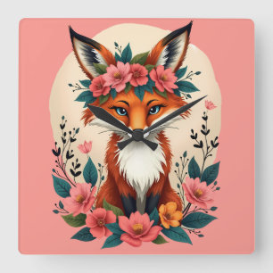 Whimsique Boho Fox med Blommigt Krona Woodland Art Fyrkantig Klocka