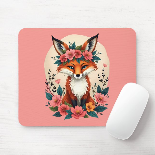 Whimsique Boho Fox med Blommigt Krona Woodland Art Musmatta (Med mus)