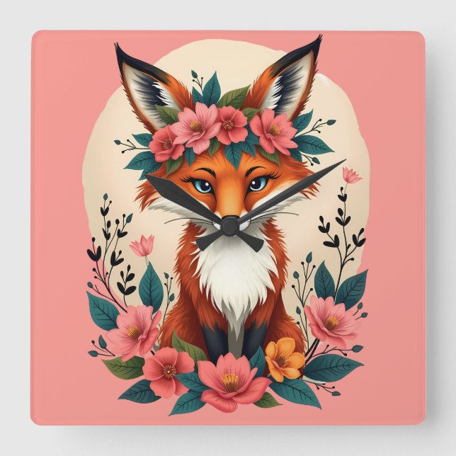 Whimsique Boho Fox med Blommigt Krona Woodland Fyrkantig Klocka (Framsida)