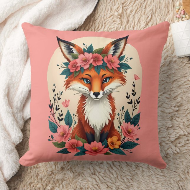 Whimsique Boho Fox med Blommigt Krona Woodland Kudde (Filt)