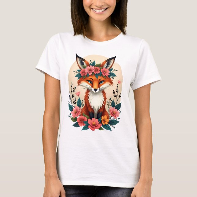 Whimsique Boho Fox med Blommigt Krona Woodland T Shirt (Framsida)