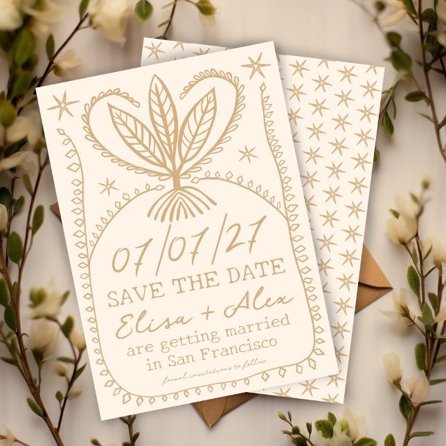 Whimsique Boho Ram Elegant SPARA DATUM-ANPASSNINGS Spara Datumet (Whimsical Boho Frame Elegant SAVE THE DATE CUSTOM
botanical stars cream beige gold)