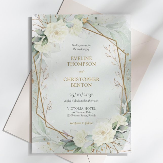 Whimsique boho vit ros och eucalyptus bröllop inbjudningar (Elegant White Roses Floral Garden greenery and gold wedding invitation digital )