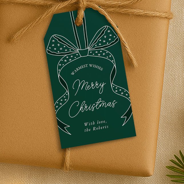 Whimsique Bow & Ribbon Mörk grönt God jul Presentetikett (Green whimsical bow and ribbon Christmas gift tags with your custom name )