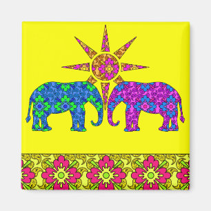 Whimsique Bright Colorful Paisley Elephants Gult Magnet