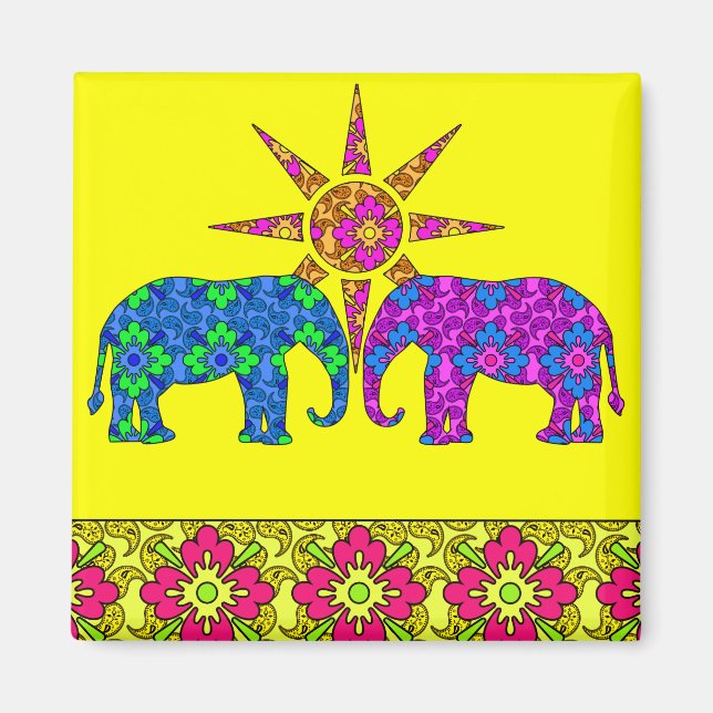 Whimsique Bright Colorful Paisley Elephants Gult Magnet (Framsidan)
