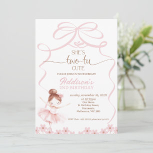 Whimsique Brown Ballerina Two Tu Cute 2nd Birthday Inbjudningar
