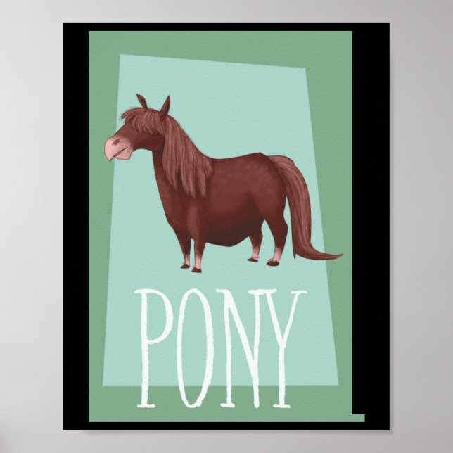 Whimsique Brown Shetland Pony on Grönt Retro Backd Poster (Framsidan)