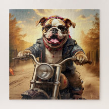 Whimsique Bulldog Chopper Riding a Motorcle