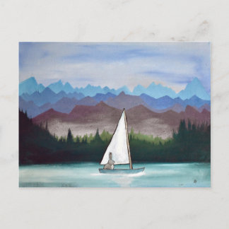 Whimsique Bunny Boat Mountains Woodland Artwork Vykort