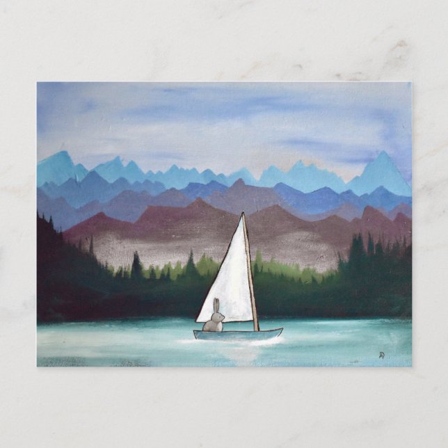 Whimsique Bunny Boat Mountains Woodland Artwork Vykort (Framsida)