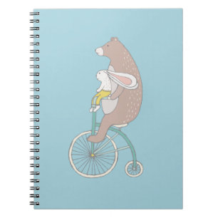 Whimsique Bunny och Bear Riding a Bike Anteckningsbok Med Spiral