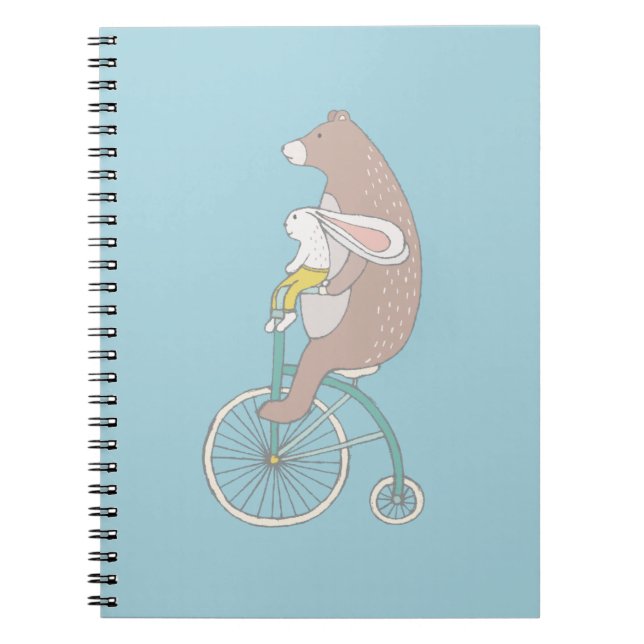 Whimsique Bunny och Bear Riding a Bike Anteckningsbok Med Spiral (Framsidan)