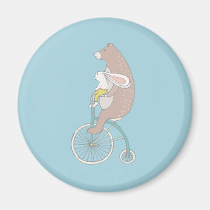 Whimsique Bunny och Bear Riding a Bike Magnet