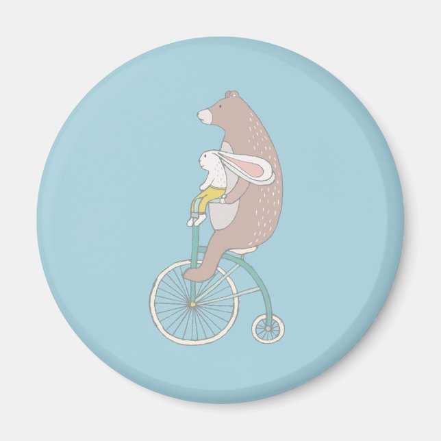 Whimsique Bunny och Bear Riding a Bike Magnet (Framsidan)