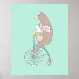 Whimsique Bunny och Bear Riding a Bike Poster
