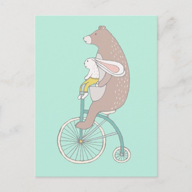 Whimsique Bunny och Bear Riding a Bike Vykort (Framsida)