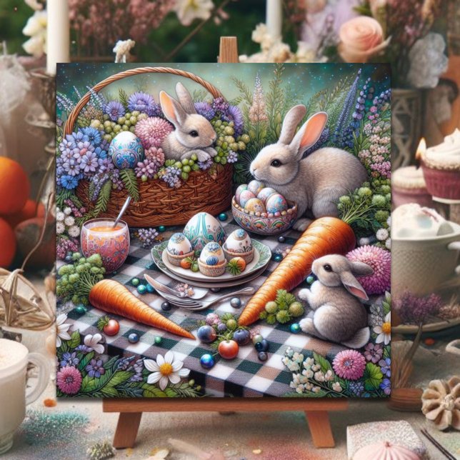 Whimsique Bunny Påsk Picnic Rosa Lila blommor Julkort (Skapare uppladdad)