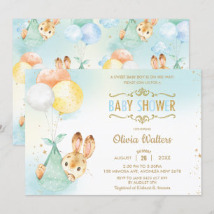 Whimsique Bunny Rabbit Balloons Baby Shower Boy Inbjudningar