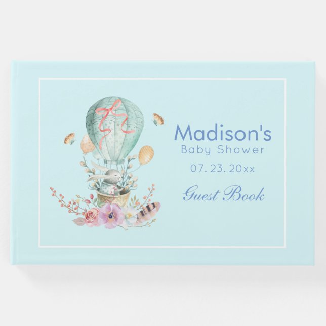 Whimsique Bunny Riding i Luftballongen Baby Gästböcker (Framsida)