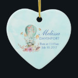 Whimsique Bunny Riding i Luftballongen Baby Julgransprydnad Keramik<br><div class="desc">Baby minnesmärke. Designad med en charmerande illustration av ett litet bunnyridande längs med en ballong hett-luft som dekoreras med ett band av finare rosa,  tillsammans med några blommor och fjärilar. En pastellblå bakgrund ge,  det är en vintagens drömmande känsla.</div>