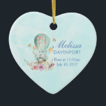 Whimsique Bunny Riding i Luftballongen Baby Julgransprydnad Keramik<br><div class="desc">Baby minnesmärke. Designad med en charmerande illustration av ett litet bunnyridande längs med en ballong hett-luft som dekoreras med ett band av finare rosa,  tillsammans med några blommor och fjärilar. En pastellblå bakgrund ge,  det är en vintagens drömmande känsla.</div>