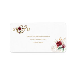 Whimsique Burgundy Guld Flowers Monogram Bröllop Adressetikett