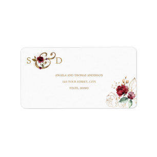 Whimsique Burgundy Guld Flowers Monogram Bröllop Adressetikett