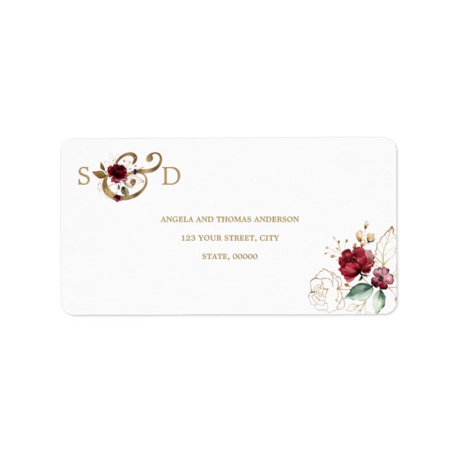 Whimsique Burgundy Guld Flowers Monogram Bröllop Adressetikett (Framsidan)