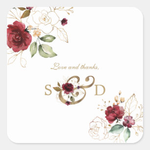 Whimsique Burgundy Guld Flowers Monogram Bröllop Fyrkantigt Klistermärke