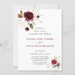 Whimsique Burgundy Guld Flowers Monogram Bröllop Inbjudningar