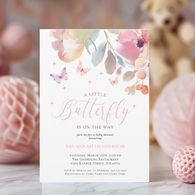 Whimsique Butterfly Rosa Blommigt Baby Shower Inbjudningar (Skapare uppladdad)