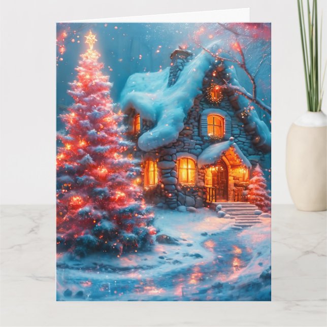 Whimsique Cabin med Rosa Julgran Kort (Framsida)