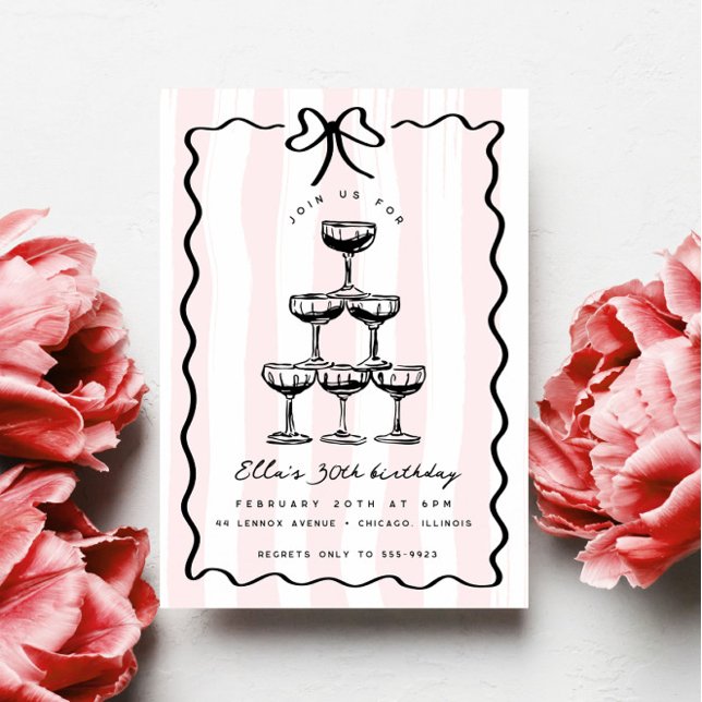 Whimsique Champagne Torn Bow Rosa Rand födelsedage Inbjudningar (Skapare uppladdad)