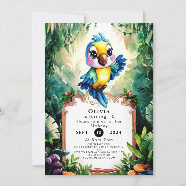 Whimsique Children Parrot Birthday Inbjudningar (Framsida)