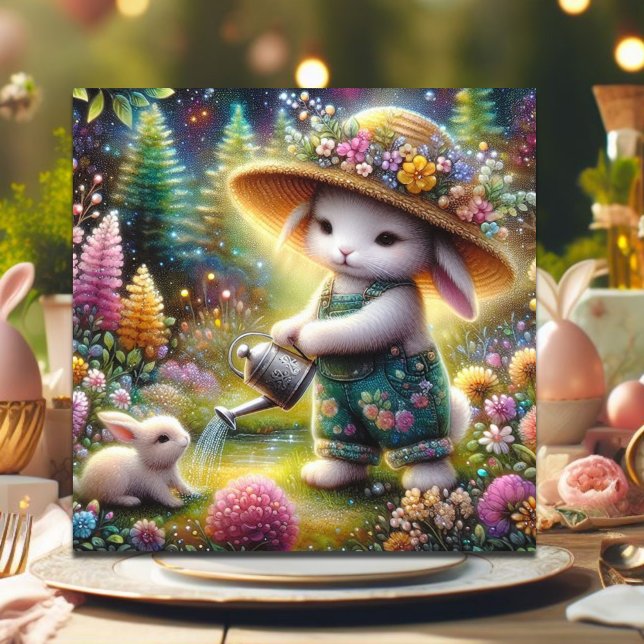 Whimsique Colorful Bunny Gardener Påsk Julkort (Skapare uppladdad)