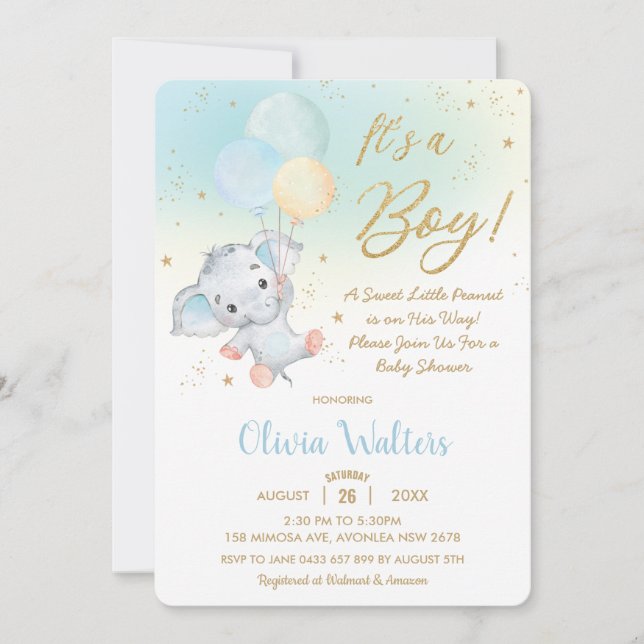 Whimsique cute Elephant Balloons Baby Shower Boy Inbjudningar (Framsida)