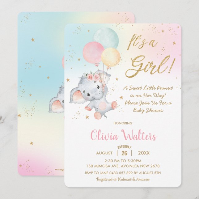 Whimsique cute Elephant Balloons Baby Shower Girl  Inbjudningar (Fram/baksida)