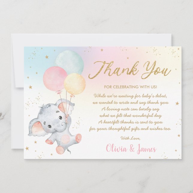 Whimsique cute Elephant Balloons Baby Shower Girl  Tack Kort (Framsida)