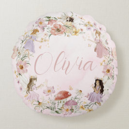 Whimsique Cute Fairy Wildblomsterträdgårdsskugga Rund Kudde