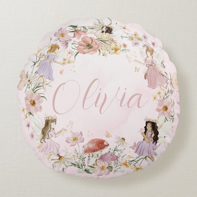 Whimsique Cute Fairy Wildblomsterträdgårdsskugga Rund Kudde (Framsidan)