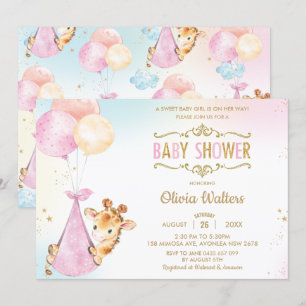 Whimsique Cute Giraffe Balloons Baby Shower Girl I Inbjudningar