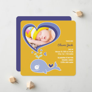 Whimsique Cute Lila Whale Pojke Photo Birth Meddelande