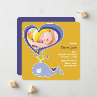 Whimsique Cute Lila Whale Pojke Photo Birth Meddelande