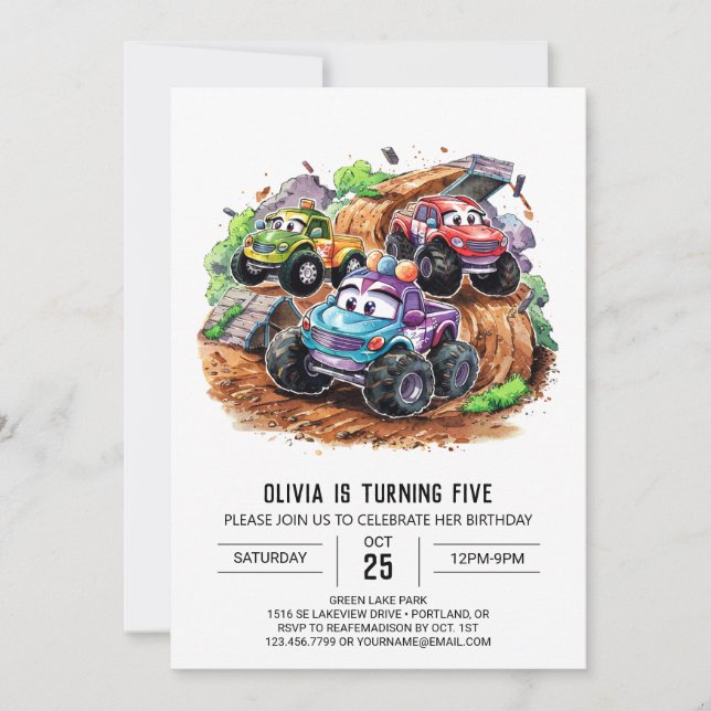 Whimsique Cute Monster Lastbil födelsedag Inbjudningar (Framsida)