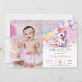 Whimsique cute Rainbow Unicorn Birthday Bild Inbjudningar