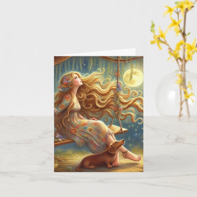 Whimsique Dachshund and Girl Downloadable Kort (Gul blomma)