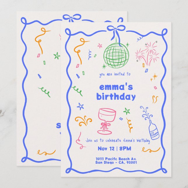 Whimsique Disco Birthday Färg Inbjudningar (Fram/baksida)