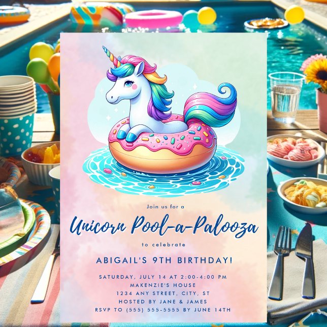 Whimsique Donut Rainbow Unicorn Bassäng Party Inbjudningar (Unicorn pool party birthday invitation.)